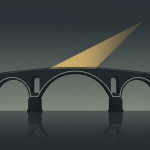 Minimalist editorial illustration: a large stone bridge silhouette at dusk, dark navy-green gradient sky, a single warm gold beam of light cutting across the bridge deck suggesting value and inheritance, muted charcoal and cream tones, no text, no logos, elegant and serious mood, wide aspect ratio